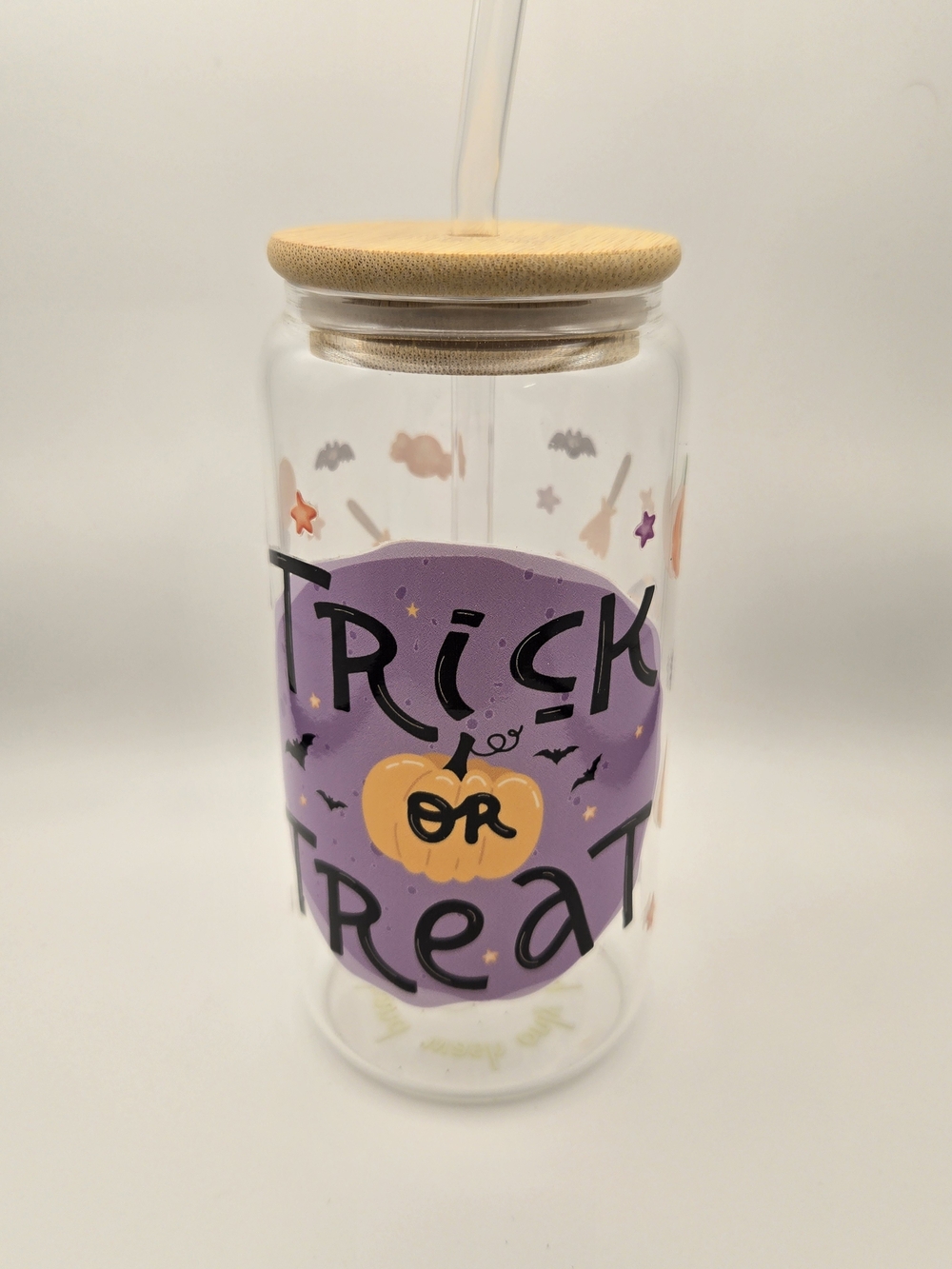 Glass Halloween Drink Jar with Bamboo Lid - Purple Trick or Treat Design - Picture 1 of 4